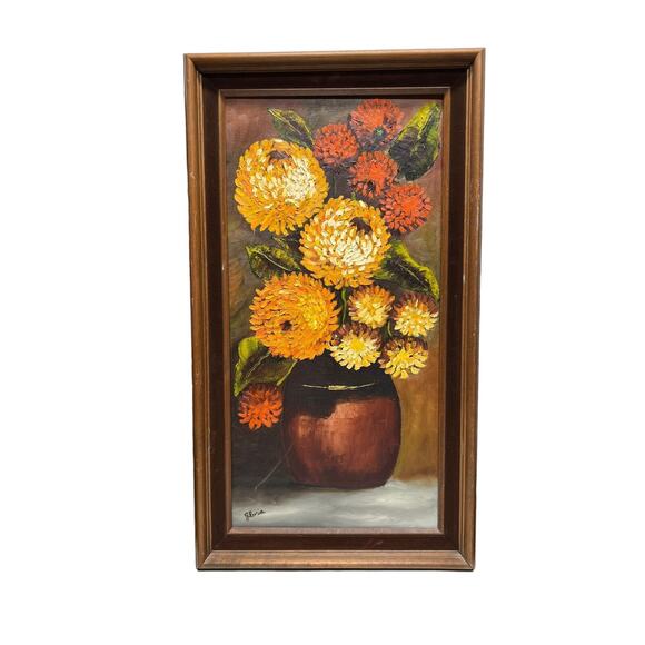 Vtg Retro 70s 1977 Framed Orange Yellow Mums Still Life Painting Signed